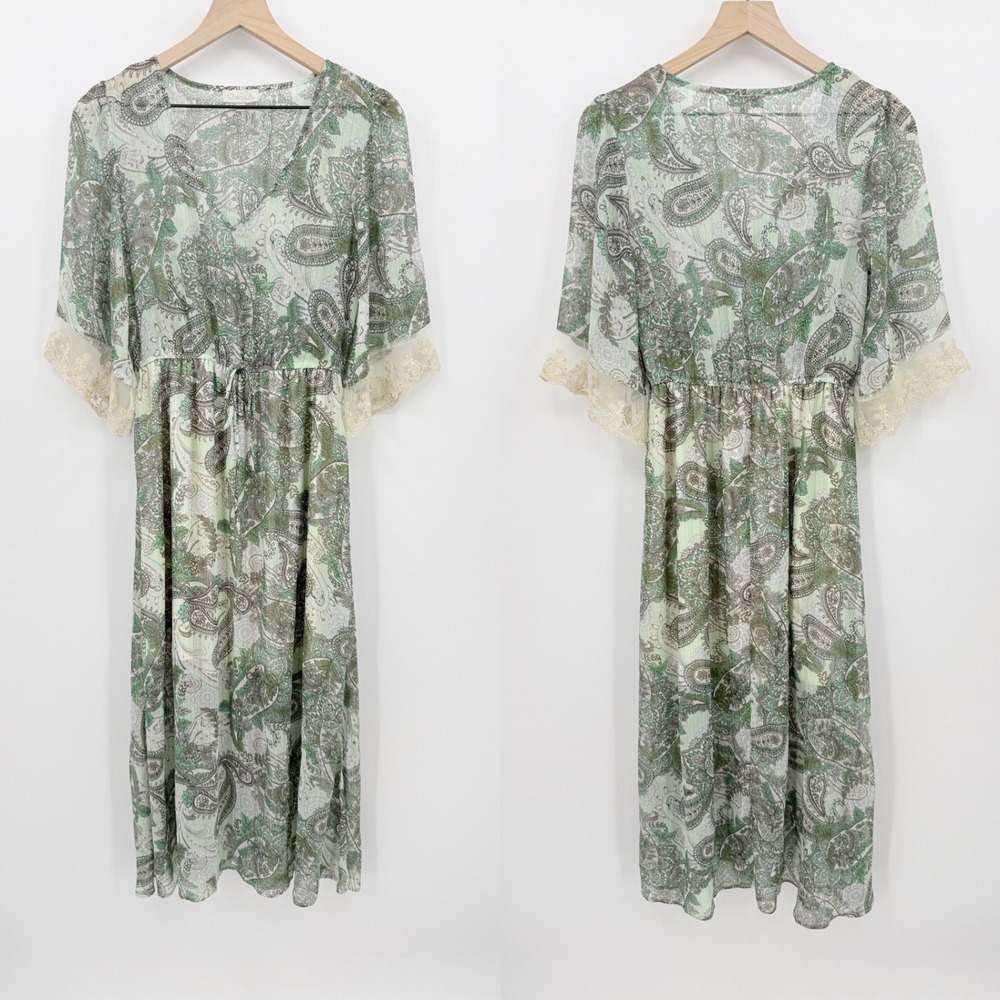 Chenault Green Paisley Metallic Lurex Maxi Dress S Boho Cottagecore Prairie